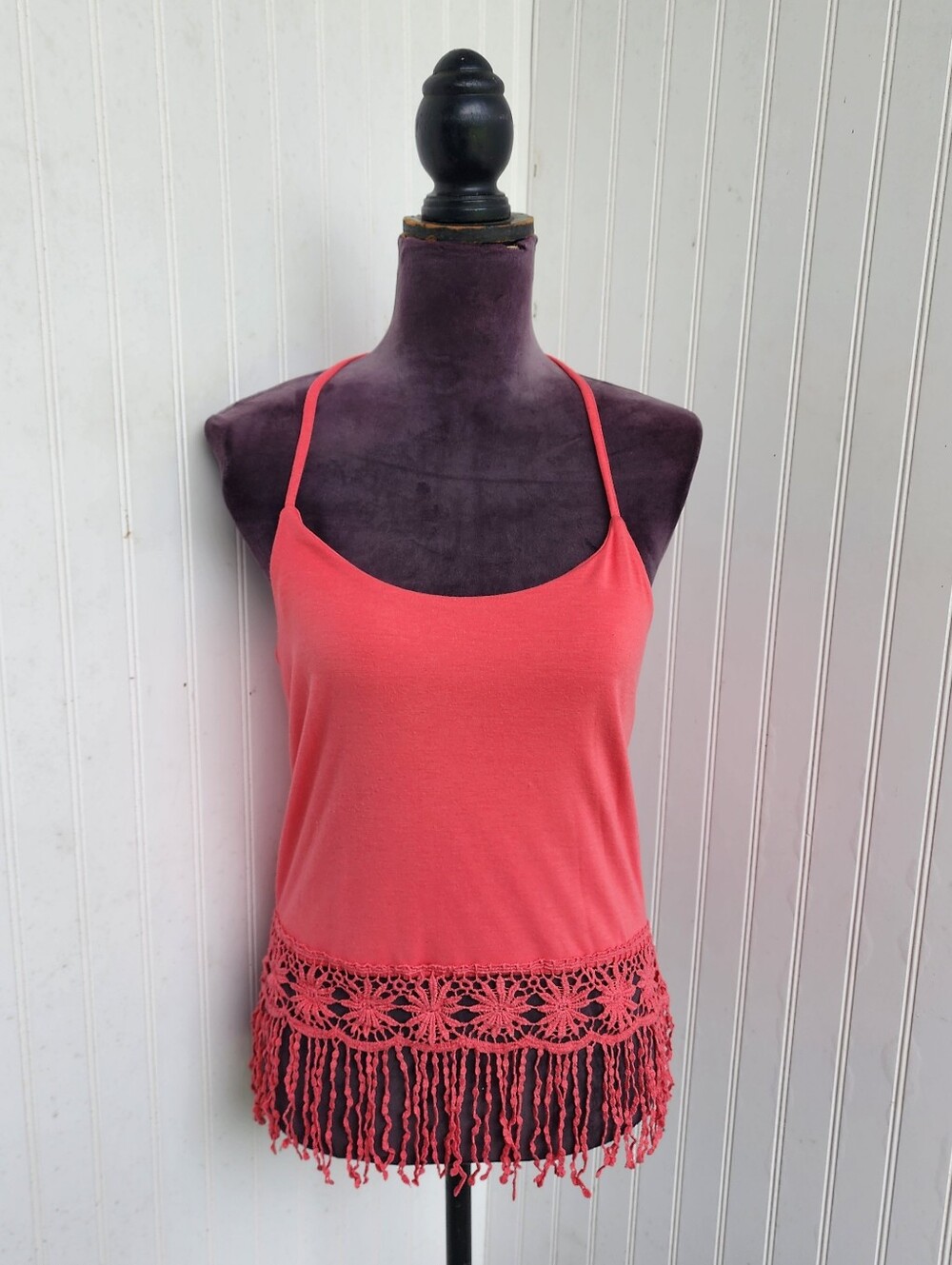 Poof! Women's Pink Solid Sleeveless Crochet Fringe Tank Top Cotton Rayon Zip M